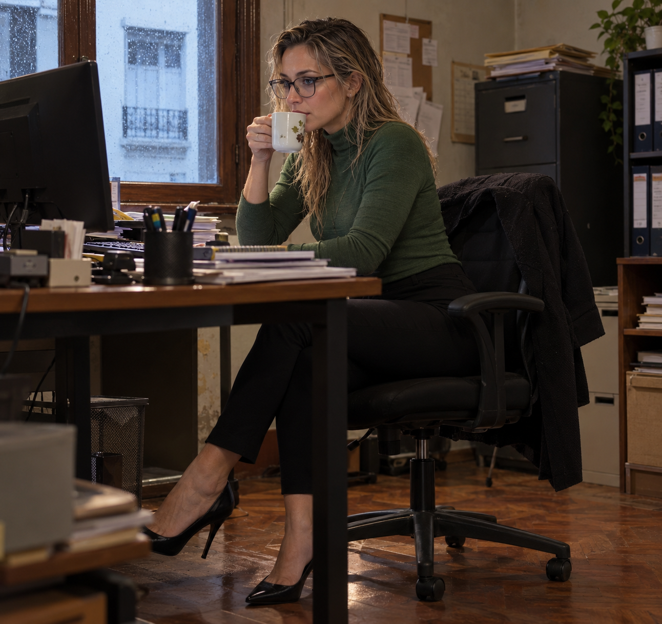 Sofia en la oficina, con polera verde y una taza junto a la ventana lluviosa.