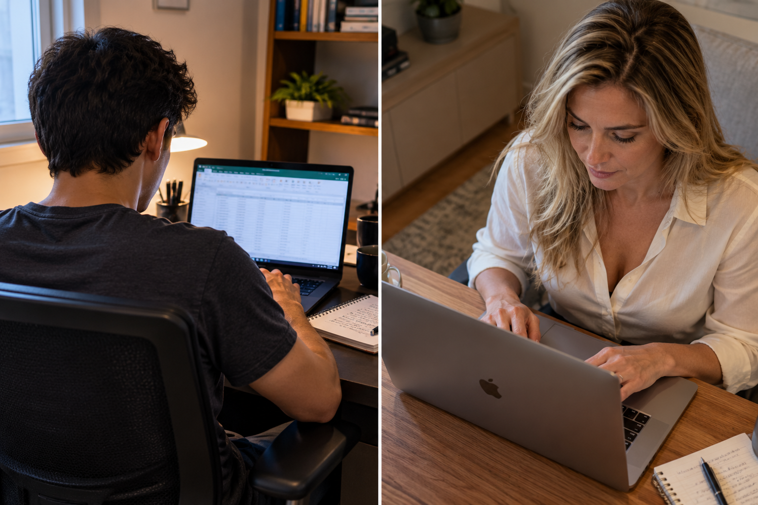 Diego y Sofia trabajando con sus computadoras desde sus respectivos hogares.