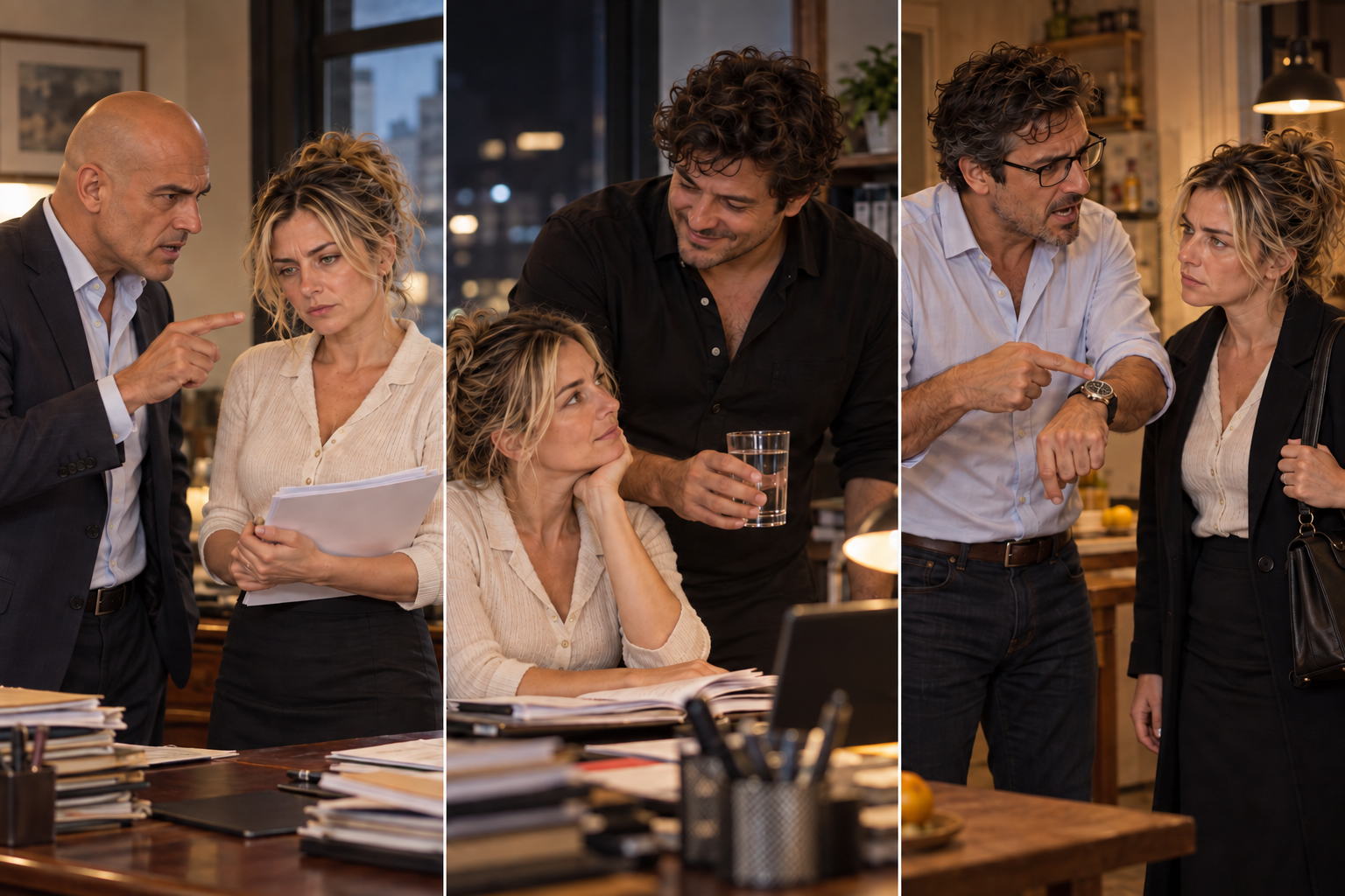 Collage: Eduardo reprende a Sofia, Denis le lleva agua y Ricardo señala el reloj en la cocina.