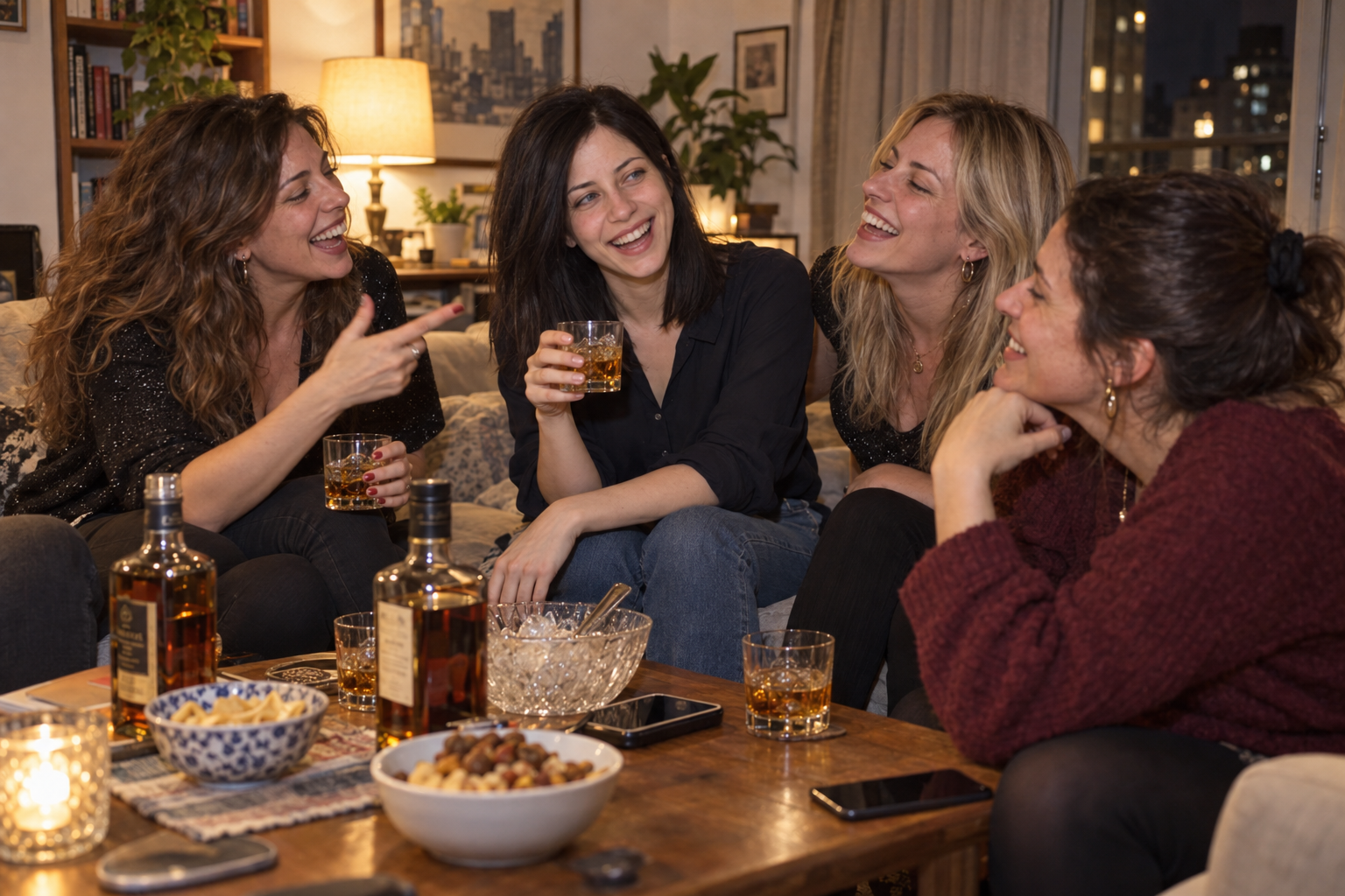 Estela tomando y riéndose con sus tres amigas durante una previa en Montevideo.